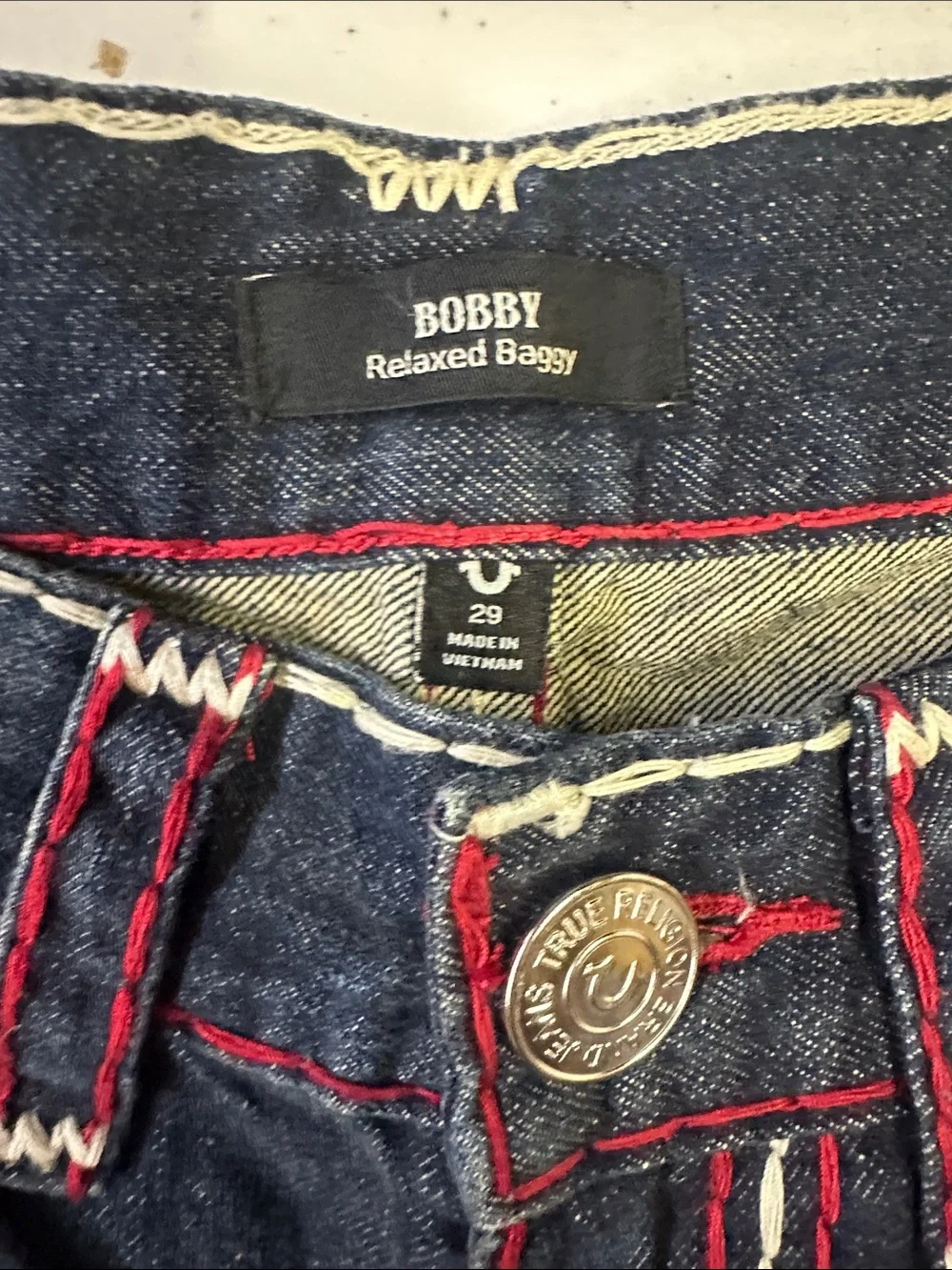 True Religion Bobby Relaxed BaggyMen’s Slim Jeans - Dark Blue with Red Stitching
